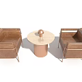 Brown Leather Single Sofa With Metal Legs And Round Coffee Table Wooden Top