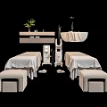 Comfortable Massage Beds With Stools Equipment And Green Plant On Shelf