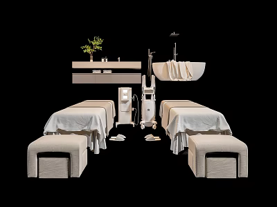 Comfortable Massage Beds With Stools Equipment And Green Plant On Shelf 3d model