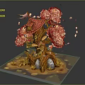 Cartoon Scene Featuring Tree House With Red Roof Pink Flowers Falling Petals And Stone Base