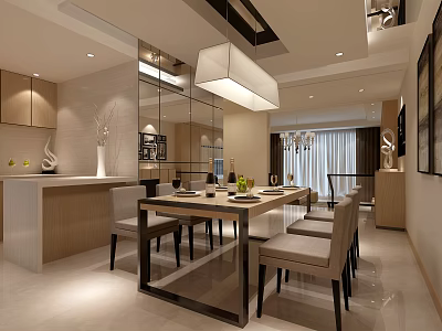 Modern Restaurant Interior Design With Dining Table Chairs Hanging Lamp And Cabinets 3d model