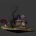 Cartoon Scenic Island Scene With Purple Roof Cottage Pink Trees And Silver Crystal Structures