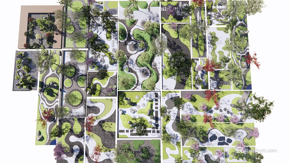 Diverse Garden Landscape Design with Trees Curved Paths Water Features and Greenery Layouts 3d model 