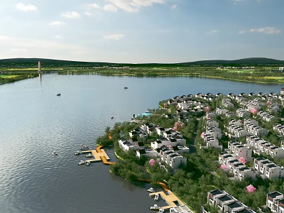 Aerial Planning for Waterfront Residential Community Featuring Lake Boats and Lush Greenery 3d model