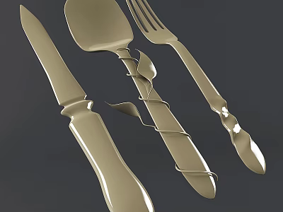 Elegant Metallic Cutlery Set With Decorative Leaf Handle Knife Spoon And Fork 3d model