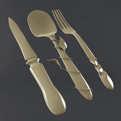 Elegant Metallic Cutlery Set With Decorative Leaf Handle Knife Spoon And Fork 3d model