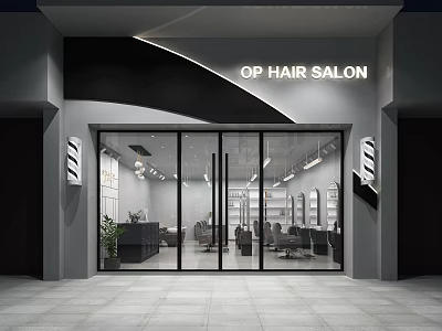 Modern OP Hair Salon Storefront With Glass Doors And Lighting Design 3d model