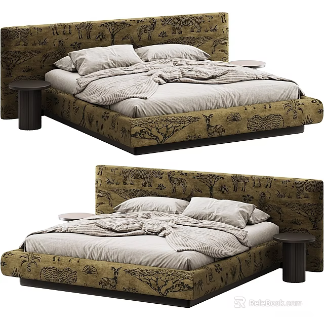 Green Animal Print Double Bed with Headboard Cozy Bedding Pillows and Dark Side Tables 3d model 