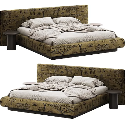 Green Animal Print Double Bed with Headboard Cozy Bedding Pillows and Dark Side Tables 3d model