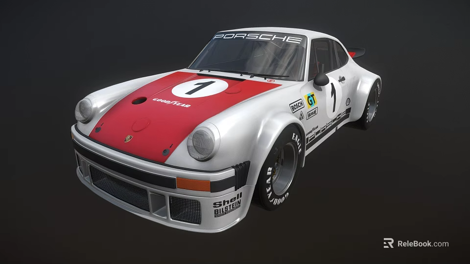 Vintage Porsche Race Car with White Body Red Hood Number 1 and Sponsor Logos 3d model 