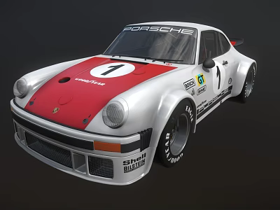 Vintage Porsche Race Car with White Body Red Hood Number 1 and Sponsor Logos 3d model