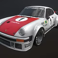 Vintage Porsche Race Car with White Body Red Hood Number 1 and Sponsor Logos
