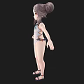 A Woman With Double Buns Hairstyle In White One Piece Swimsuit And Bow Tie Sandals