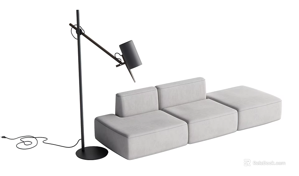 Gray Sectional Sofa With Black Floor Lamp In Modern Living Room 3d model 