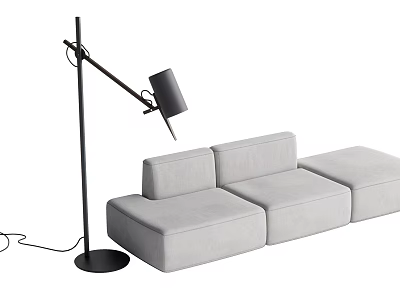 Gray Sectional Sofa With Black Floor Lamp In Modern Living Room 3d model