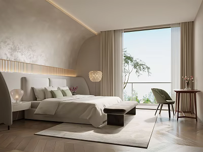 Modern Serene Bedroom Interior With Cozy Bed View Outside Window And Wooden Furniture 3d model