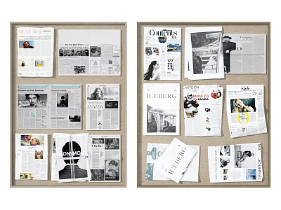 Magazines and Newspapers on Corkboard with Clippings Photos and Articles 3d model