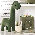 Green Dinosaur Plush Doll On Shelf With Books Calendar Storage Box And Lamp