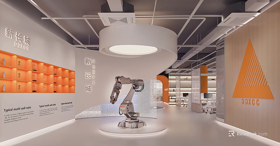 Open Public Office Space Featuring Robotic Arm Circular Ceiling Light Bookshelves And Orange Elements 3d model 