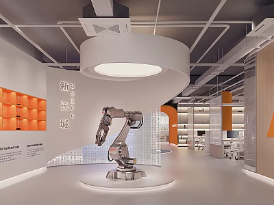 Open Public Office Space Featuring Robotic Arm Circular Ceiling Light Bookshelves And Orange Elements 3d model