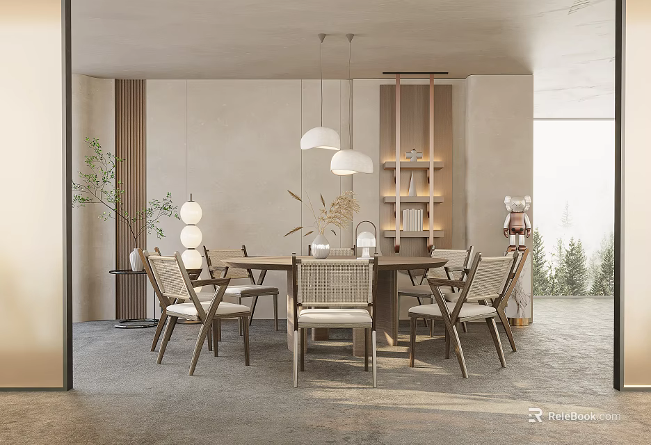 Modern Restaurant Interior With Wooden Dining Table Chairs And Hanging Pendant Lights 3d model 