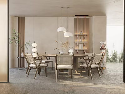 Modern Restaurant Interior With Wooden Dining Table Chairs And Hanging Pendant Lights 3d model