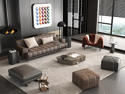 Modern Elegant Living Room Interior With Leather Sofa Coffee Table And Ottoman 3d model