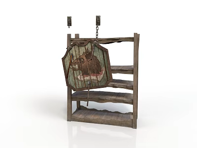 Ancient Medieval Shield With Intricate Decorative Patterns Hanging On Wooden Display Rack 3d model