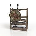 Ancient Medieval Shield With Intricate Decorative Patterns Hanging On Wooden Display Rack