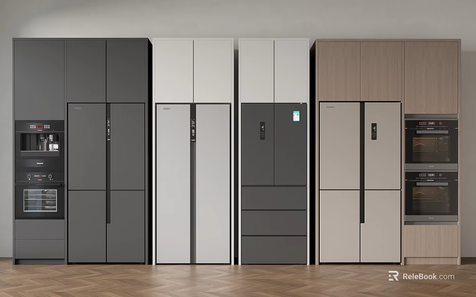 Modern Kitchen Refrigerators In Black White And Wood Tones With Sleek Designs 3d model 