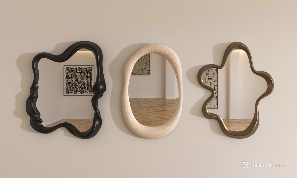 Three Unique Shaped Mirrors Decorate Beige Wall 3d model 