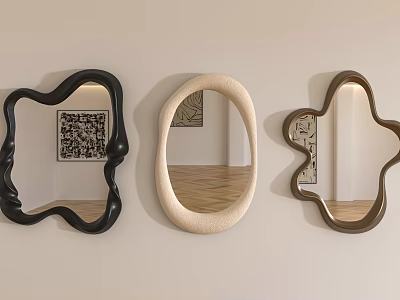 Three Unique Shaped Mirrors Decorate Beige Wall 3d model