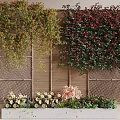 Green Vines With Red Flowers On Woven Wall And Flower Box With Pink White Blooms