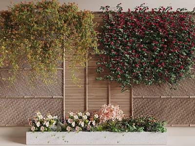 Green Vines With Red Flowers On Woven Wall And Flower Box With Pink White Blooms 3d model