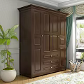 Dark Brown Wooden Wardrobe with Green Curtains Window Plant and White Planter