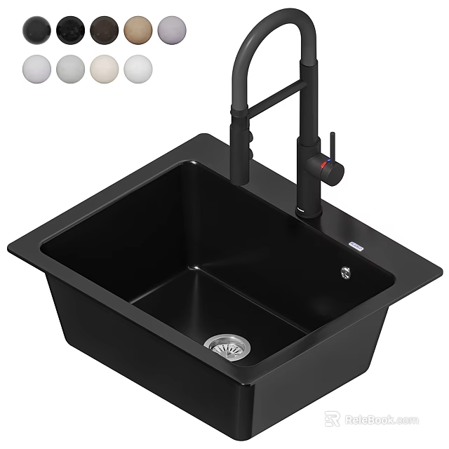 Modern Black Single Bowl Kitchen Sink with Tall Faucet and Color Options 3d model 
