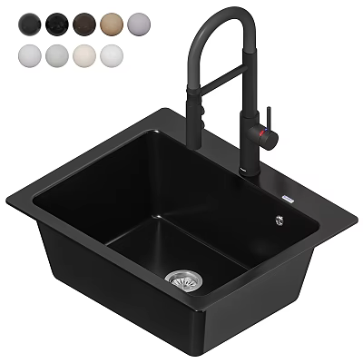 Modern Black Single Bowl Kitchen Sink with Tall Faucet and Color Options 3d model