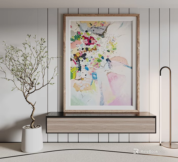 Colorful Abstract Painting On Wooden Shelf With Green Plant And Modern Floor Lamp 3d model 