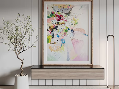 Colorful Abstract Painting On Wooden Shelf With Green Plant And Modern Floor Lamp 3d model