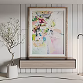 Colorful Abstract Painting On Wooden Shelf With Green Plant And Modern Floor Lamp
