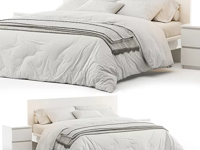 Modern Double Bed Interior With White Bedding Striped Design And Bedside Table 3d model