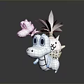 Black White Cartoon Dragon Game Movie Character With Big Eyes Leaf Decoration And Small Companions