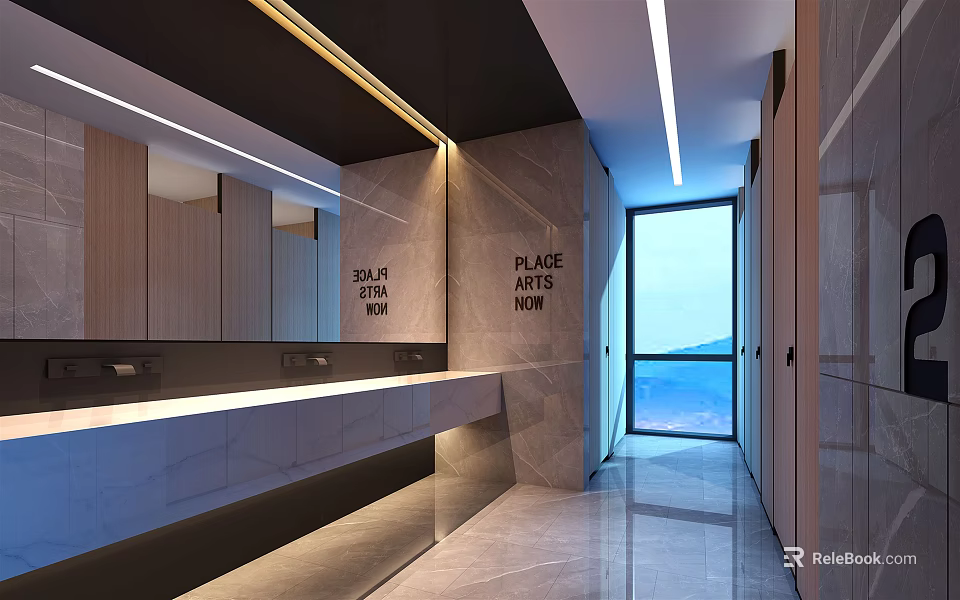 Modern Public Restroom Design With Marble Counter Long Mirror And Floor To Ceiling Window 3d model 