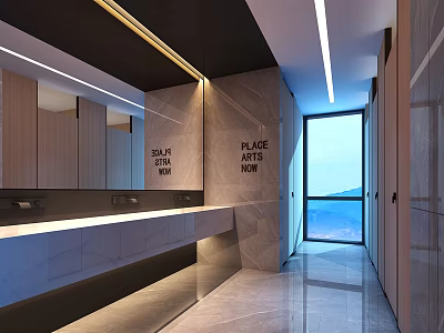 Modern Public Restroom Design With Marble Counter Long Mirror And Floor To Ceiling Window 3d model