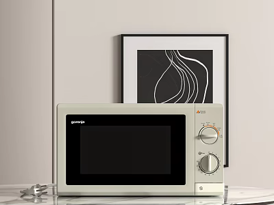 Smeg Microwave Oven As Stylish Kitchen Appliance On White Countertop With Light Wall Art 3d model