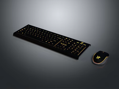Black Computer Keyboard With Yellow Backlight And Matching Black Mouse Gold Accent Design 3d model