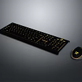 Black Computer Keyboard With Yellow Backlight And Matching Black Mouse Gold Accent Design 3d model
