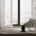 White Sheer Curtains in Modern Living Room with Large Window Gray Chair and Round Rug