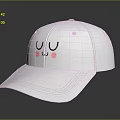 White Baseball Cap with Cartoon Smiley Face Closed Eyes and Pink Blush