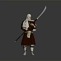 Man Wearing Traditional Outfit Holding Long Sword Standing in Gray Background